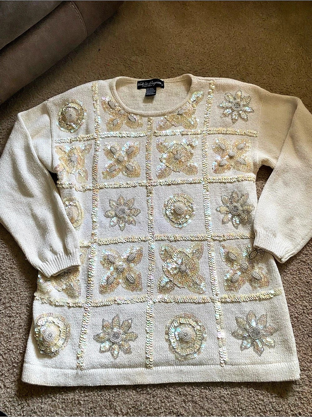 Work in Progress Beaded Sequin Crew Neck Sweater in Cream Size Small